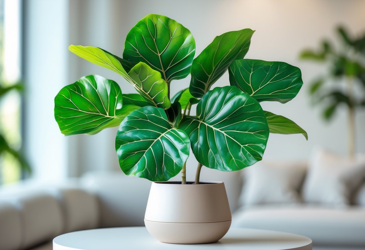 A lifelike artificial fiddle leaf fig plant in a pot inside a bright modern room.
