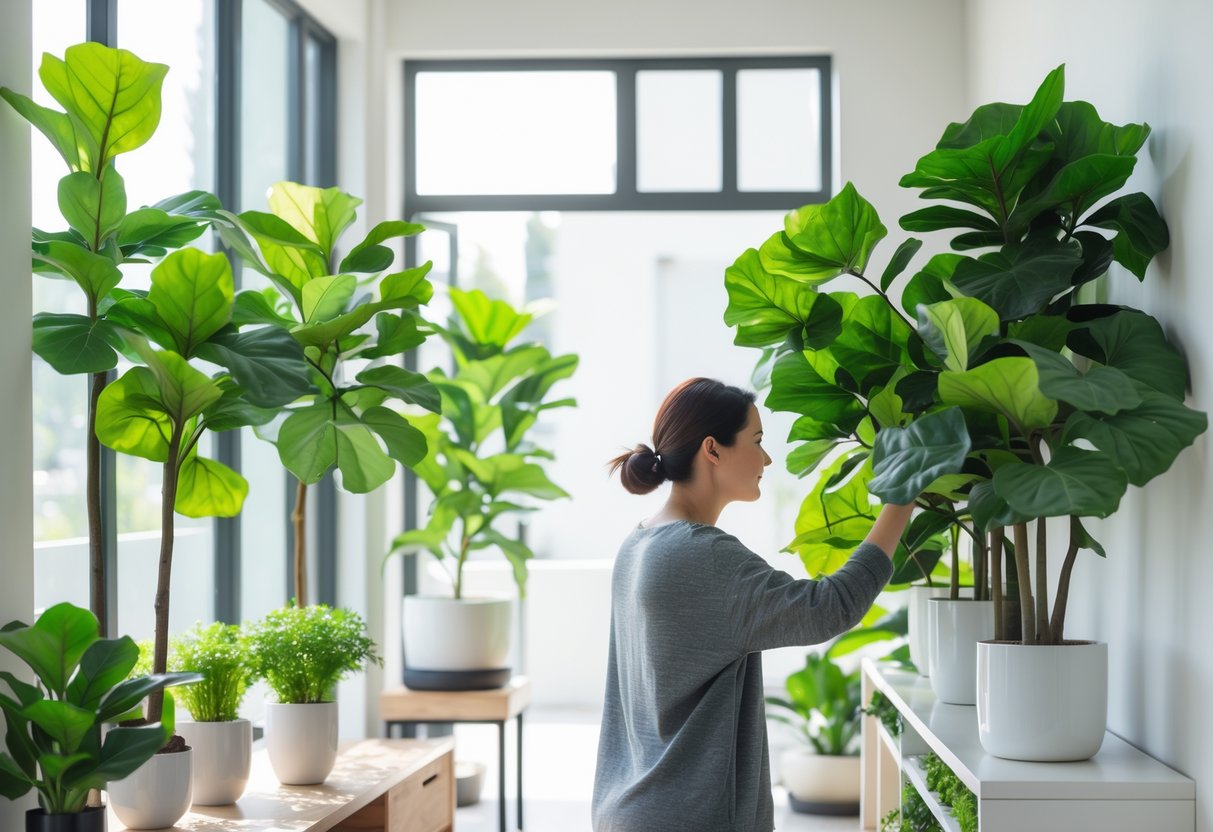 A person choosing an artificial fiddle leaf fig plant in a bright room with several similar plants on shelves and tables.