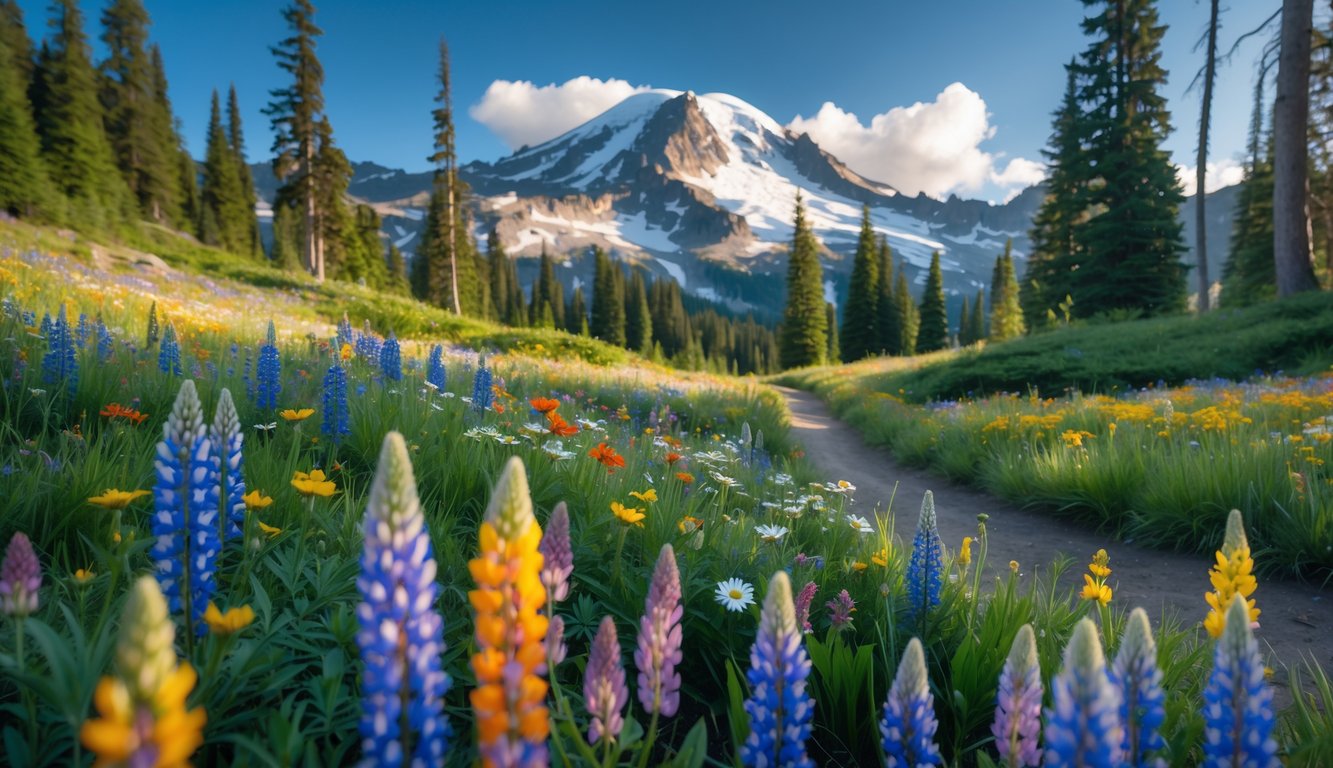 A wildflower meadow with colorful flowers and a hiking trail leading toward snow-capped Mount Rainier under a blue sky.
