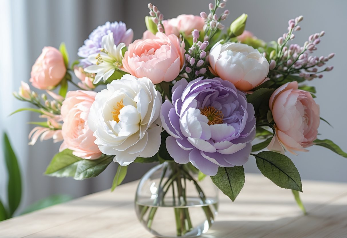 A close-up of a colourful bouquet of artificial flowers in a clear glass vase on a wooden surface.