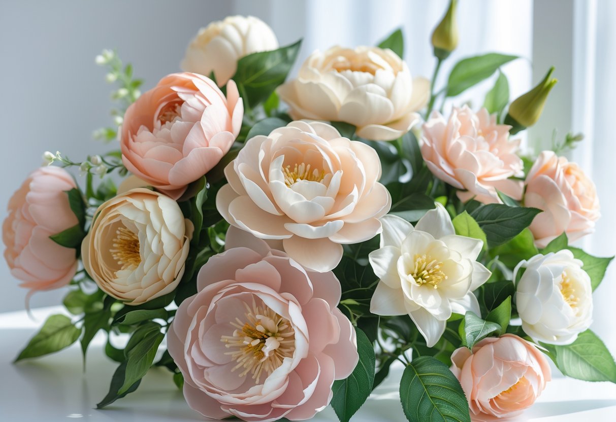 A close-up of a bouquet of realistic artificial flowers in soft pastel colors with green leaves against a bright background.