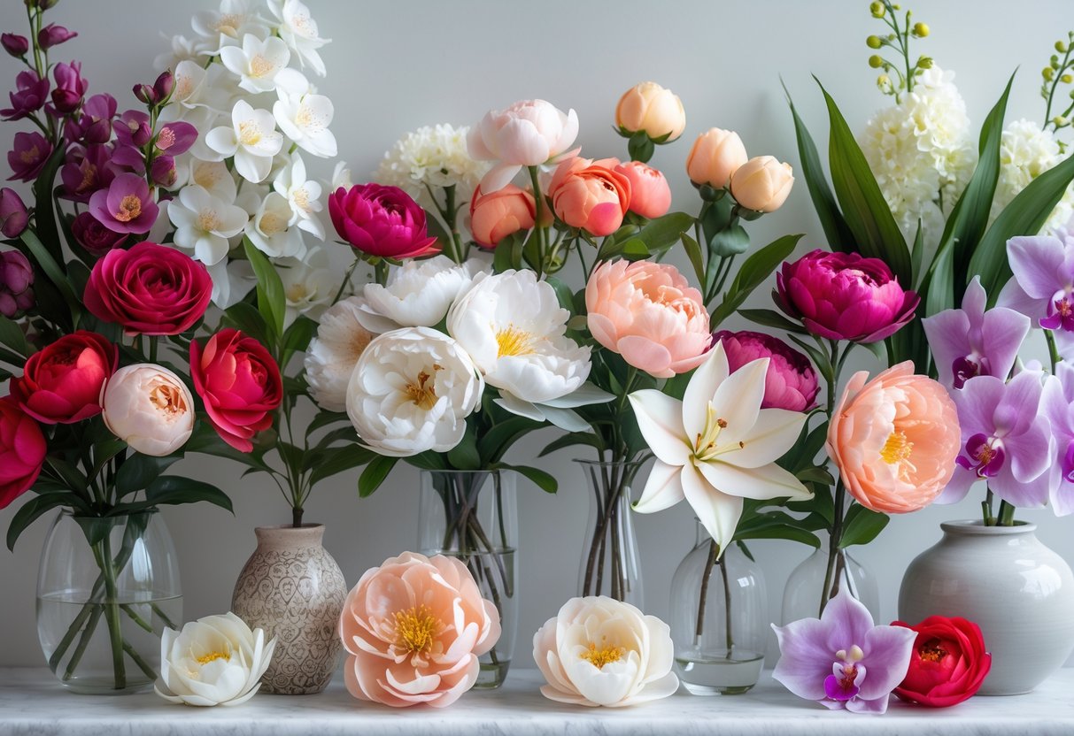 A variety of high quality artificial flowers including roses, peonies, lilies, and orchids arranged in vases on a neutral background.