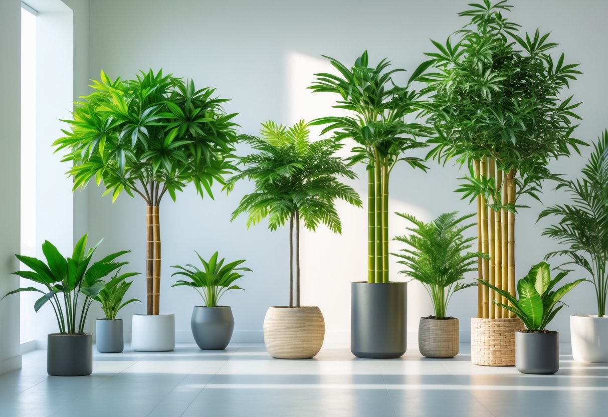 A group of artificial potted trees with green leaves in different pots displayed indoors on a light floor.