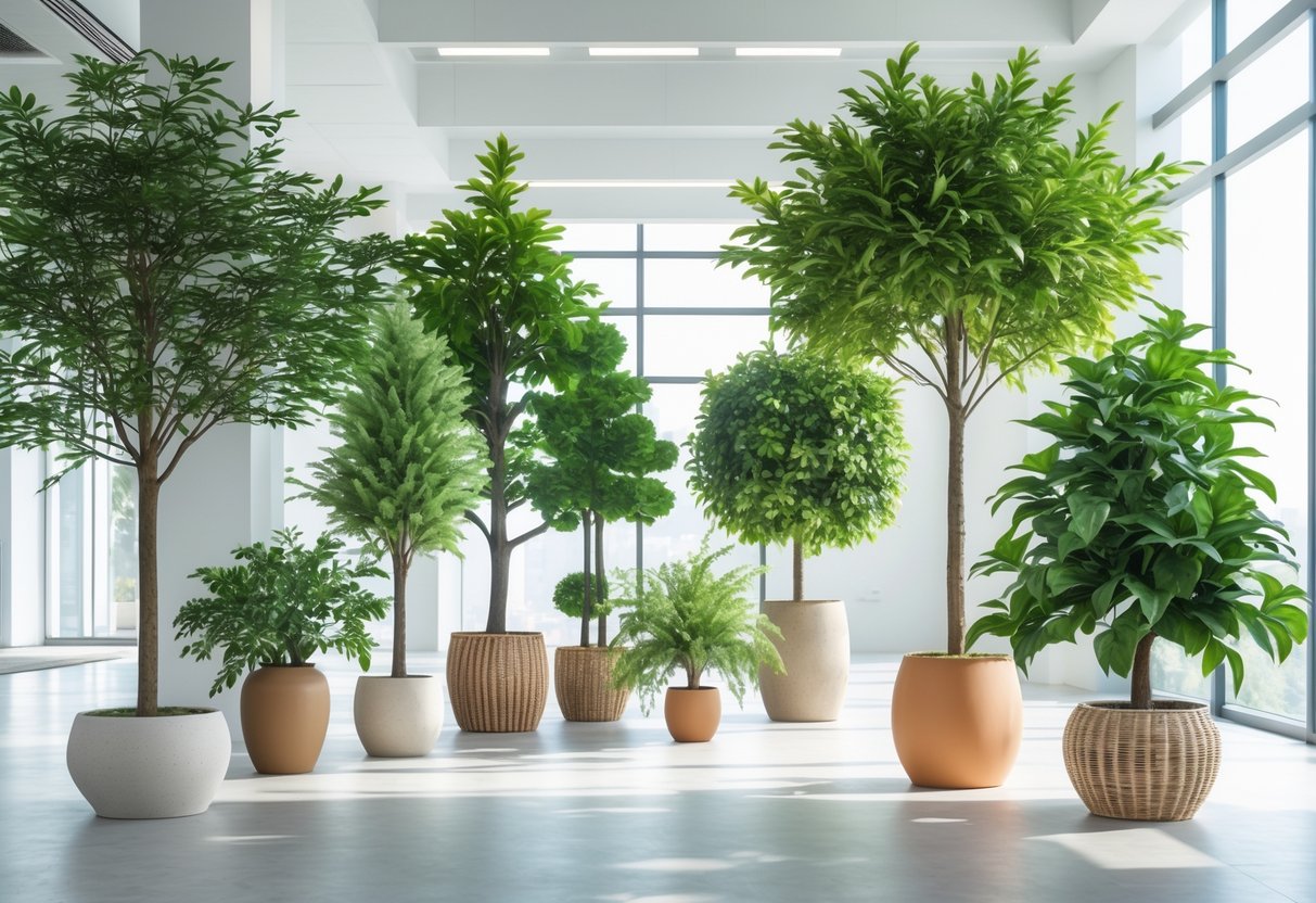 A bright indoor space with various artificial potted trees in different pots arranged neatly, creating a fresh and calming atmosphere.
