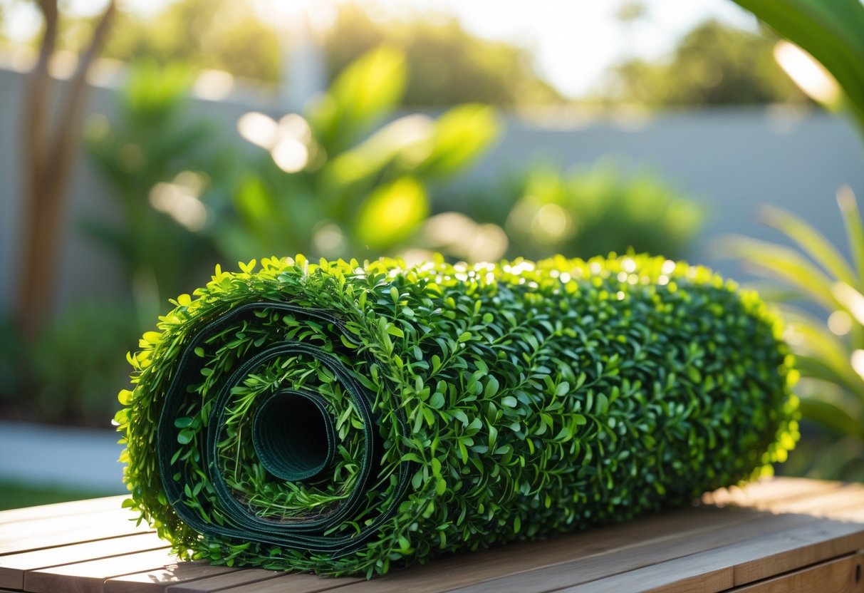 A rolled artificial hedge mat with green leaves on a wooden surface outdoors in a sunny garden setting.