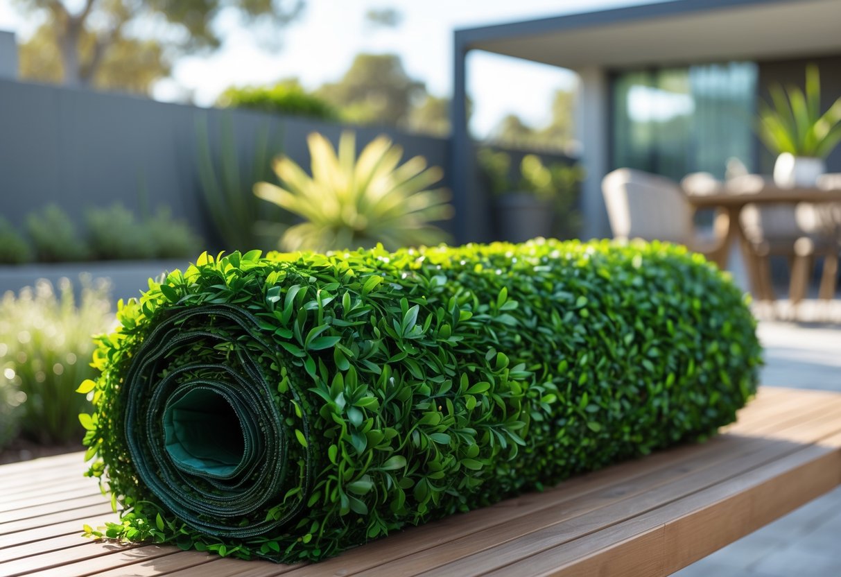 A rolled-up artificial hedge with green leaves placed outdoors on a wooden deck with a garden in the background.