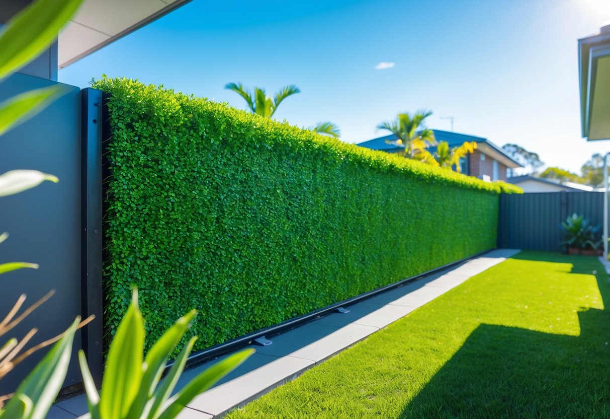 Artificial green hedge roll installed on a fence in an Australian backyard garden with native plants and clear sky.
