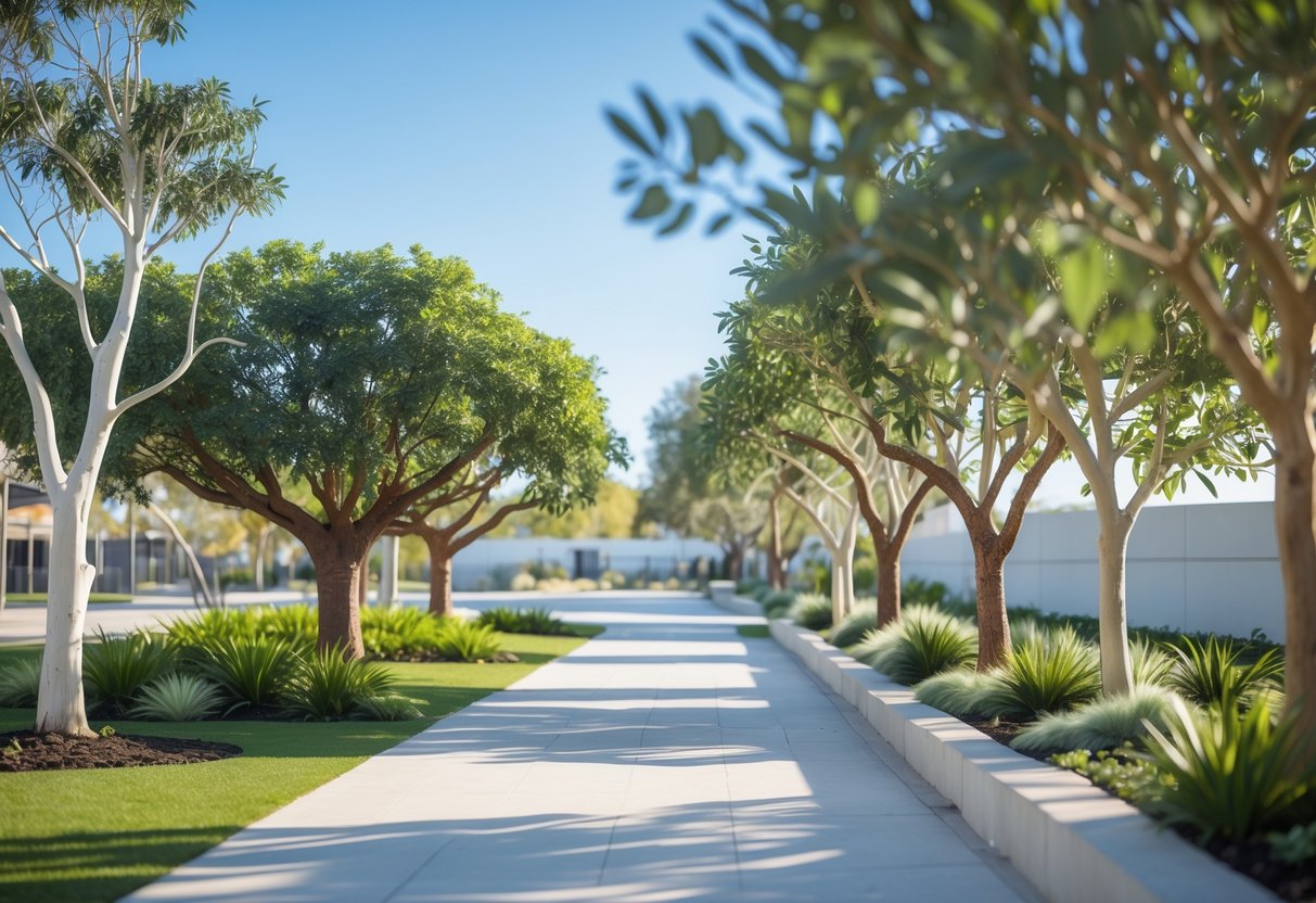 Artificial Australian native trees arranged outdoors in a bright park setting with clear blue skies.