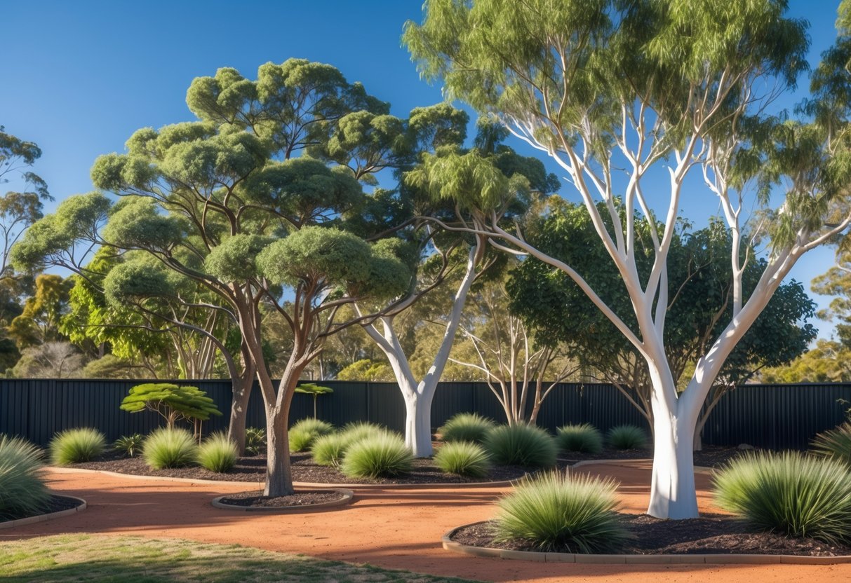 Various types of artificial trees resembling Australian native species displayed outdoors in a garden setting under a clear sky.