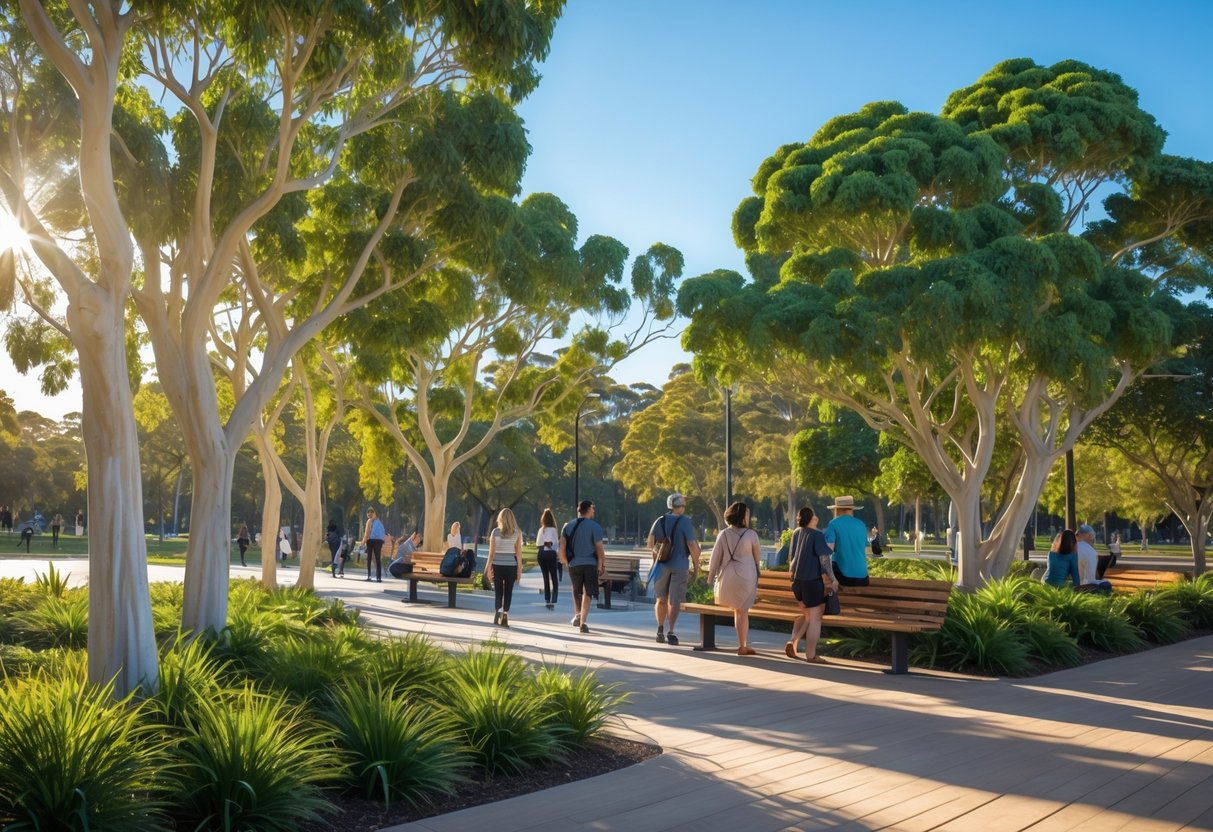 Outdoor park in Australia with lifelike artificial trees and people enjoying the green space on a sunny day.
