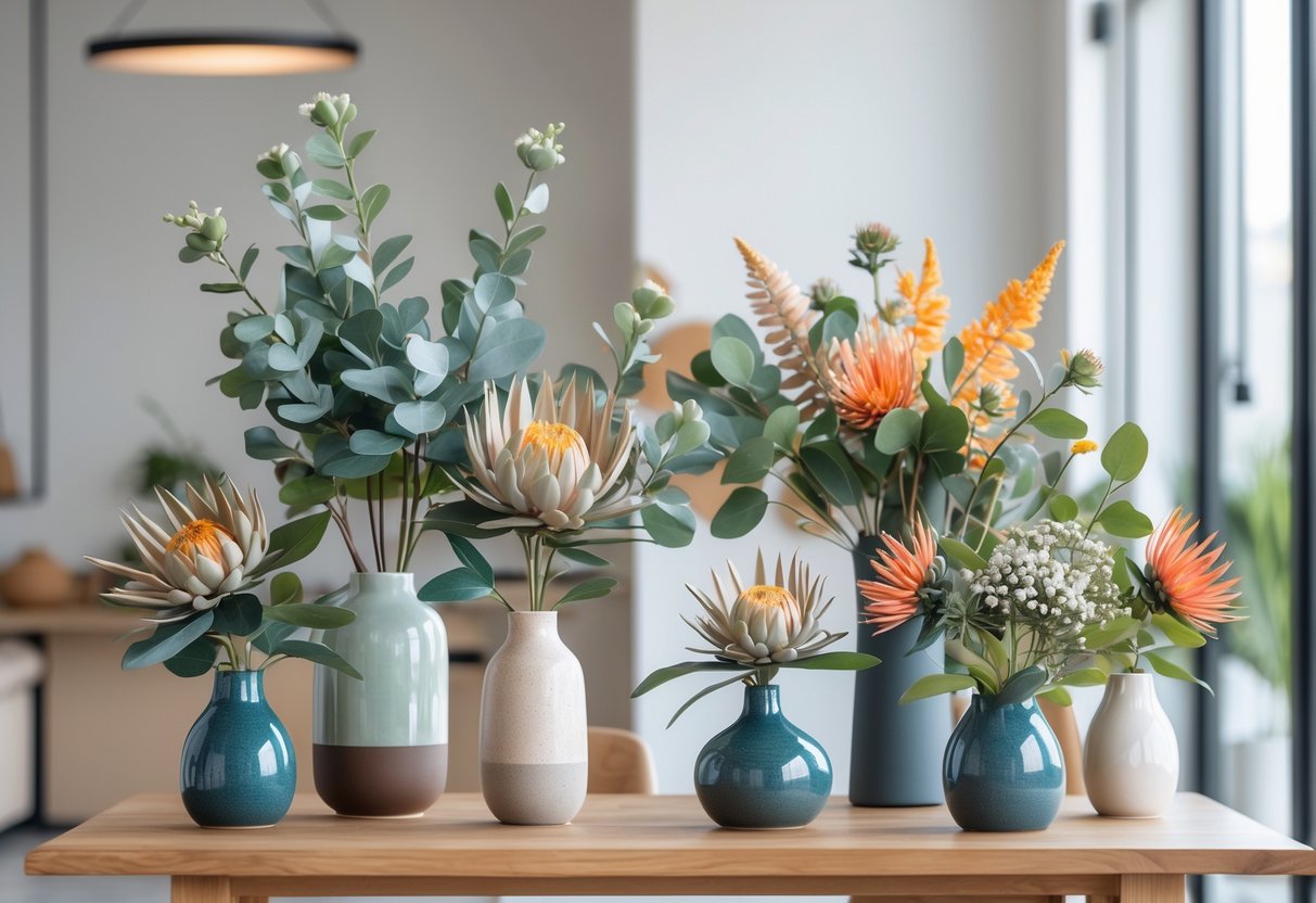 A collection of artificial flower arrangements with Australian native flowers displayed on a wooden table in a bright, modern room.