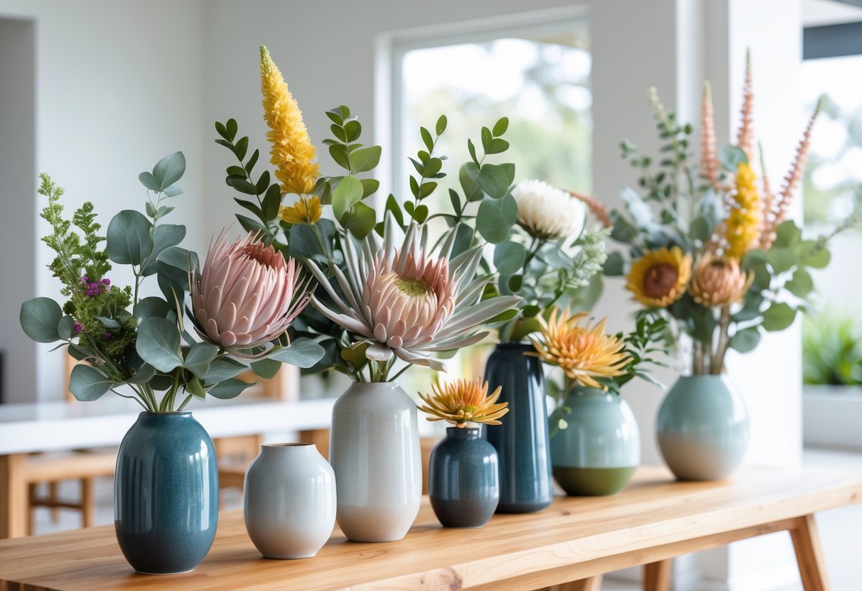 A variety of artificial flower arrangements with native Australian flowers displayed on a wooden table in a bright modern home.
