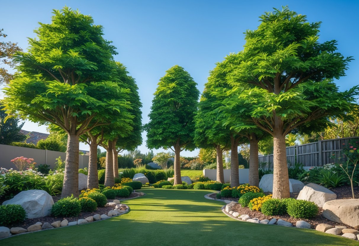 Artificial trees with green leaves arranged outdoors in a garden with grass, stones, and small plants under a clear sky.