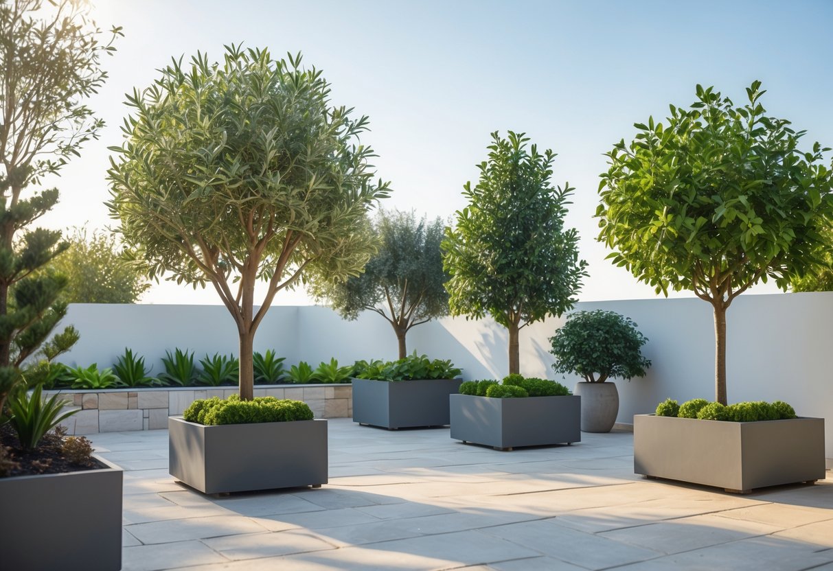 A garden patio with several lifelike artificial trees in planters under a clear sky.