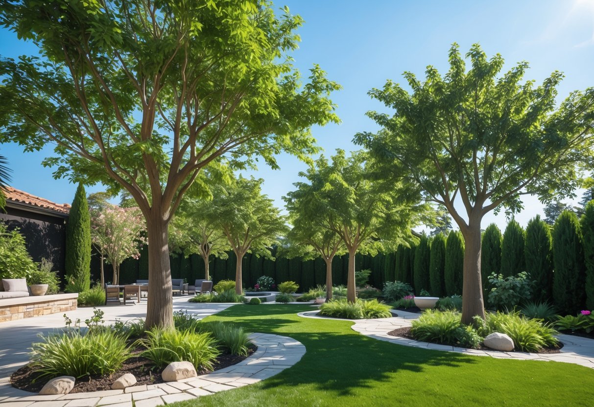 Outdoor garden area with several realistic artificial trees surrounded by grass and flowers under a clear sky.
