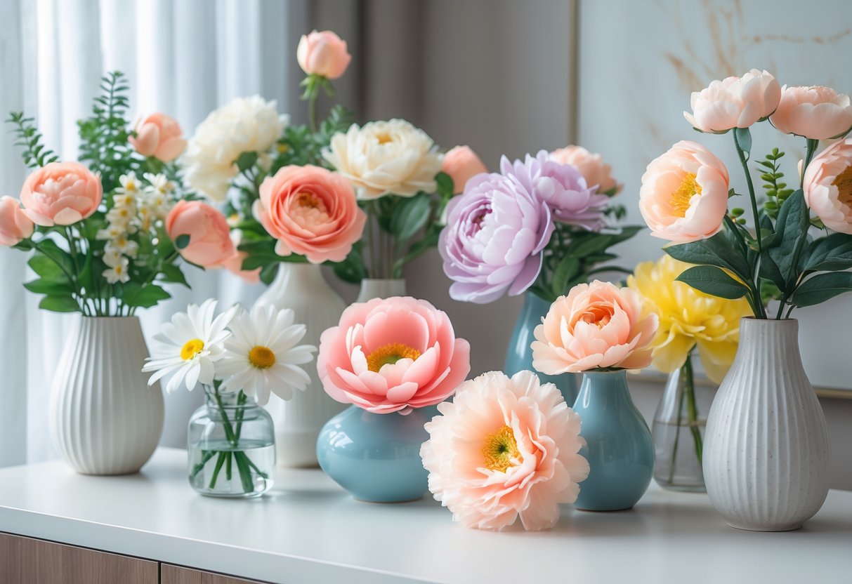 A collection of colourful artificial flowers arranged in vases on a white surface.