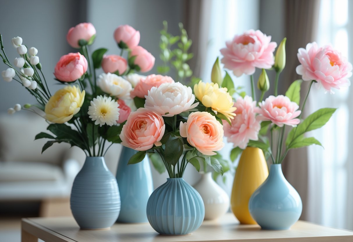 A variety of colourful artificial flowers arranged in vases on a wooden table with soft natural light.