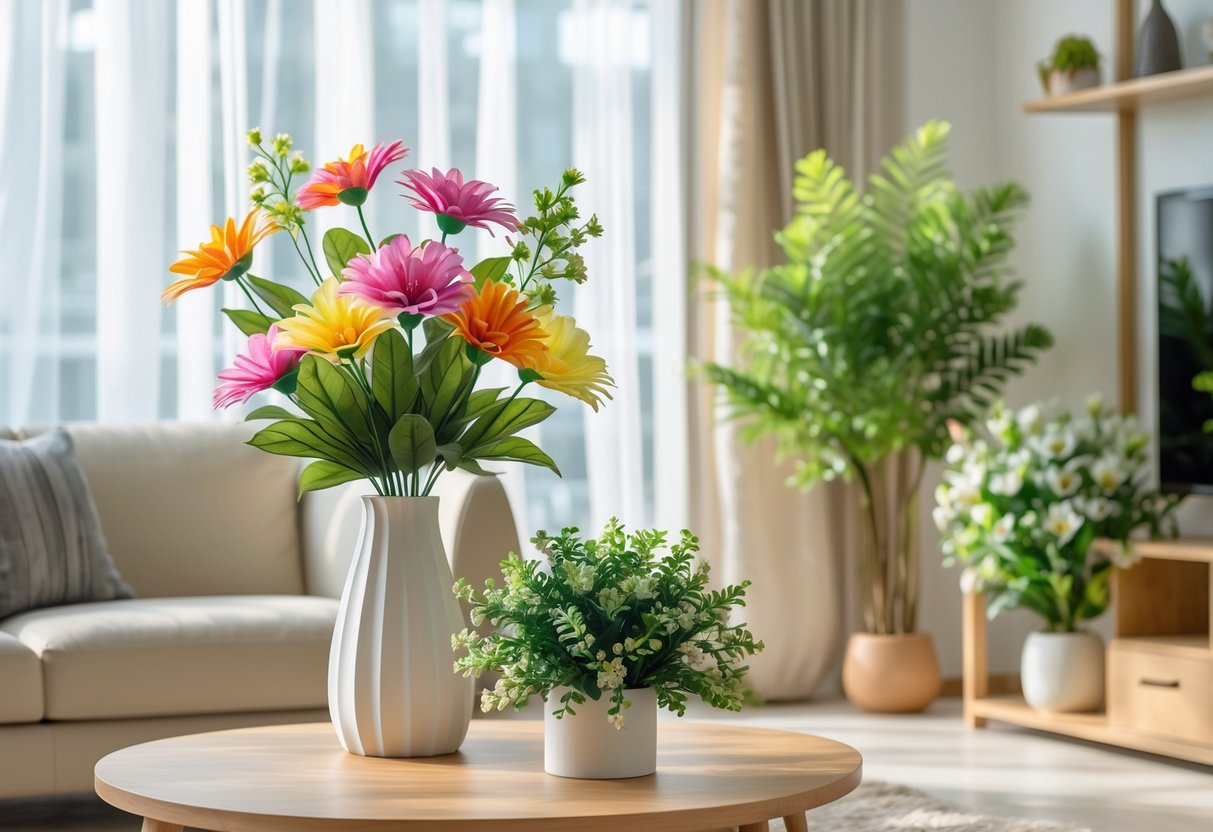 A modern living room with artificial flowers in a vase on a coffee table and an artificial potted plant on a shelf near a sunlit window.