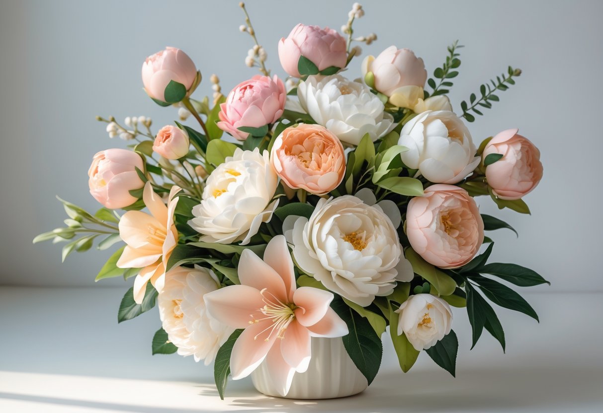 A colourful bouquet of artificial flowers arranged neatly on a plain background.