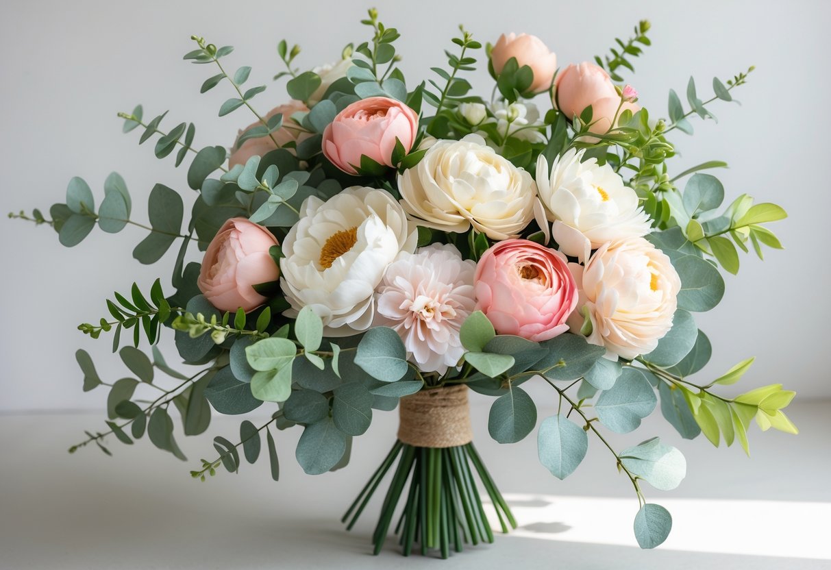 An elegant artificial bouquet of colourful flowers arranged on a plain background.