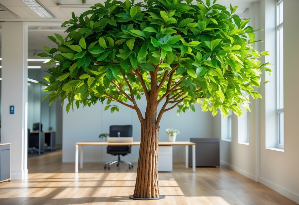 A large artificial tree with green leaves and a brown trunk inside a modern office space.