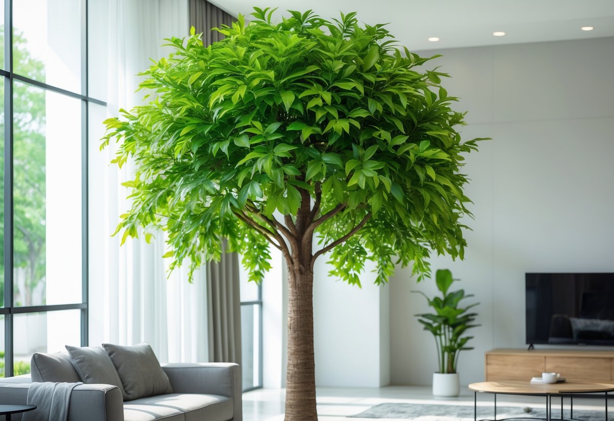 A large artificial tree standing in a modern living room with furniture and natural light.