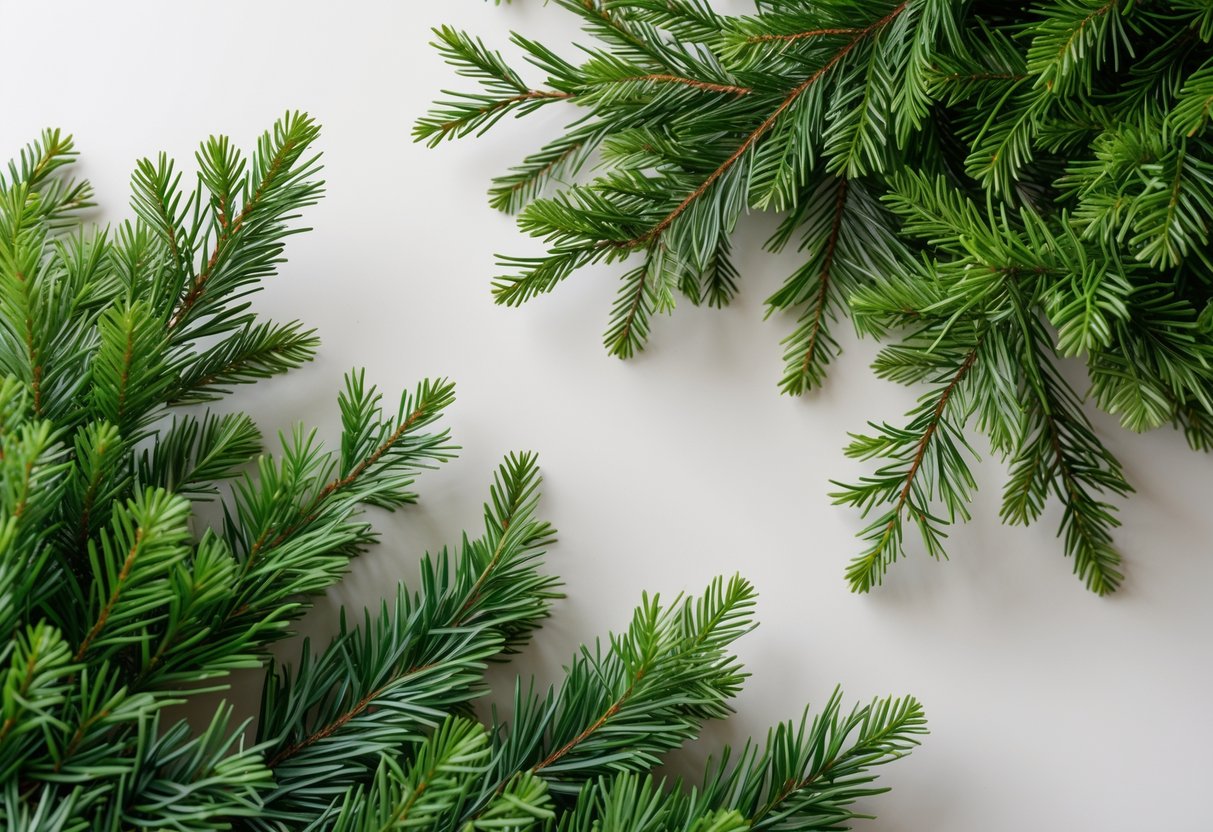 Close-up of artificial pine branches with green needles against a plain background.