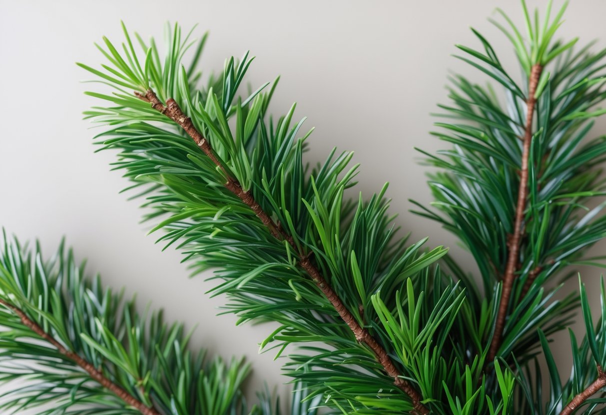 Close-up of artificial pine branches with green needles and brown stems against a plain background.