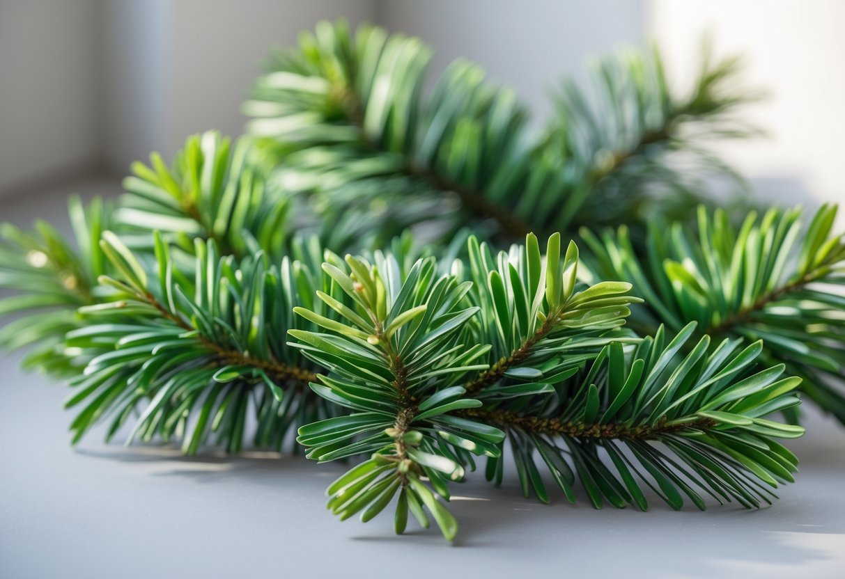 Close-up of realistic artificial pine branches with green needles arranged in a cluster.