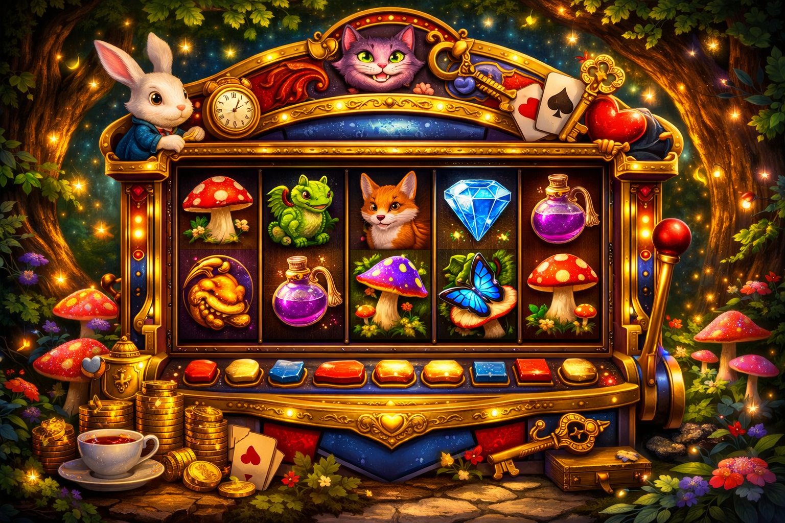 A Colorful Slot Machine Set In An Enchanted Forest With FantasyThemed Symbols Like A White Rabbit, Playing Cards, And Magical Creatures.