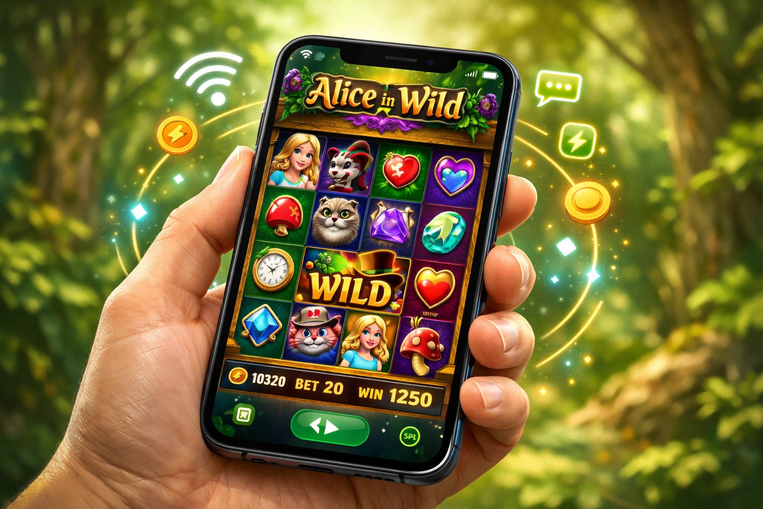 A Hand Holding A Smartphone Displaying A Colorful Slot Machine Game With Forest And AdventureThemed Symbols.