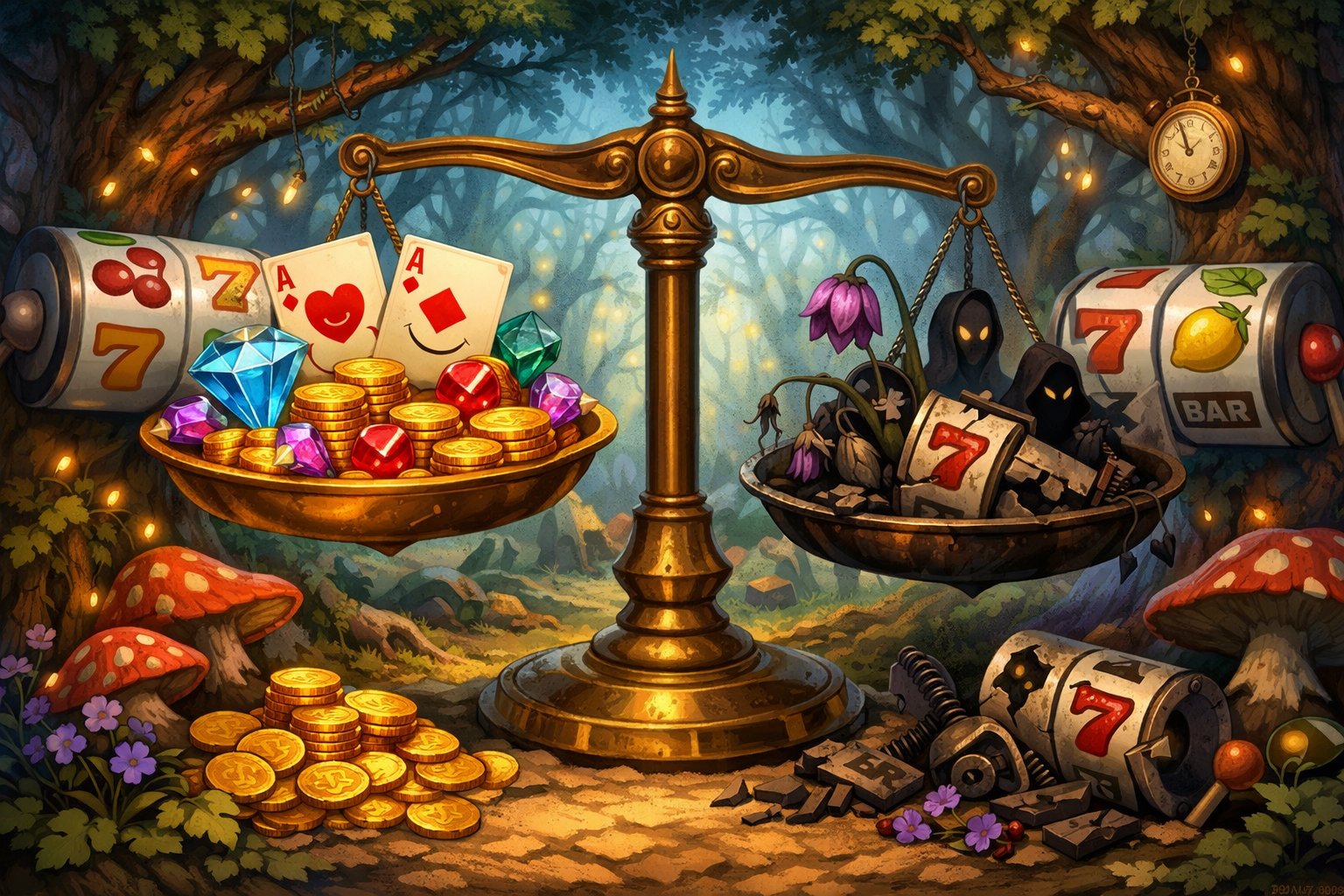 A Balanced Scale In A Magical Forest With Symbols Representing Positive And Negative Aspects Of A Slot Machine Game.