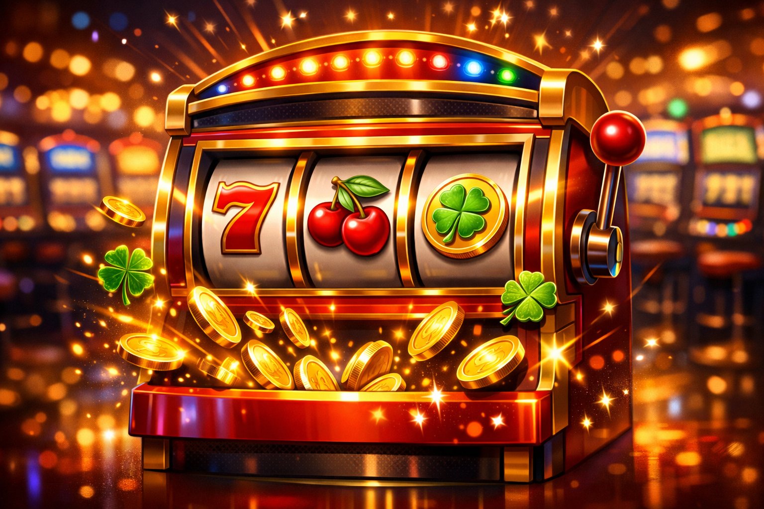 A Colorful Slot Machine With Spinning Reels Showing Lucky Symbols Surrounded By Glowing Lights In A Casino Setting.