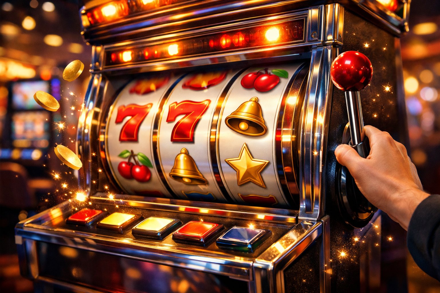 A Colorful Slot Machine With Spinning Reels Showing Classic Symbols And A Hand Pulling The Lever In A Casino Setting.