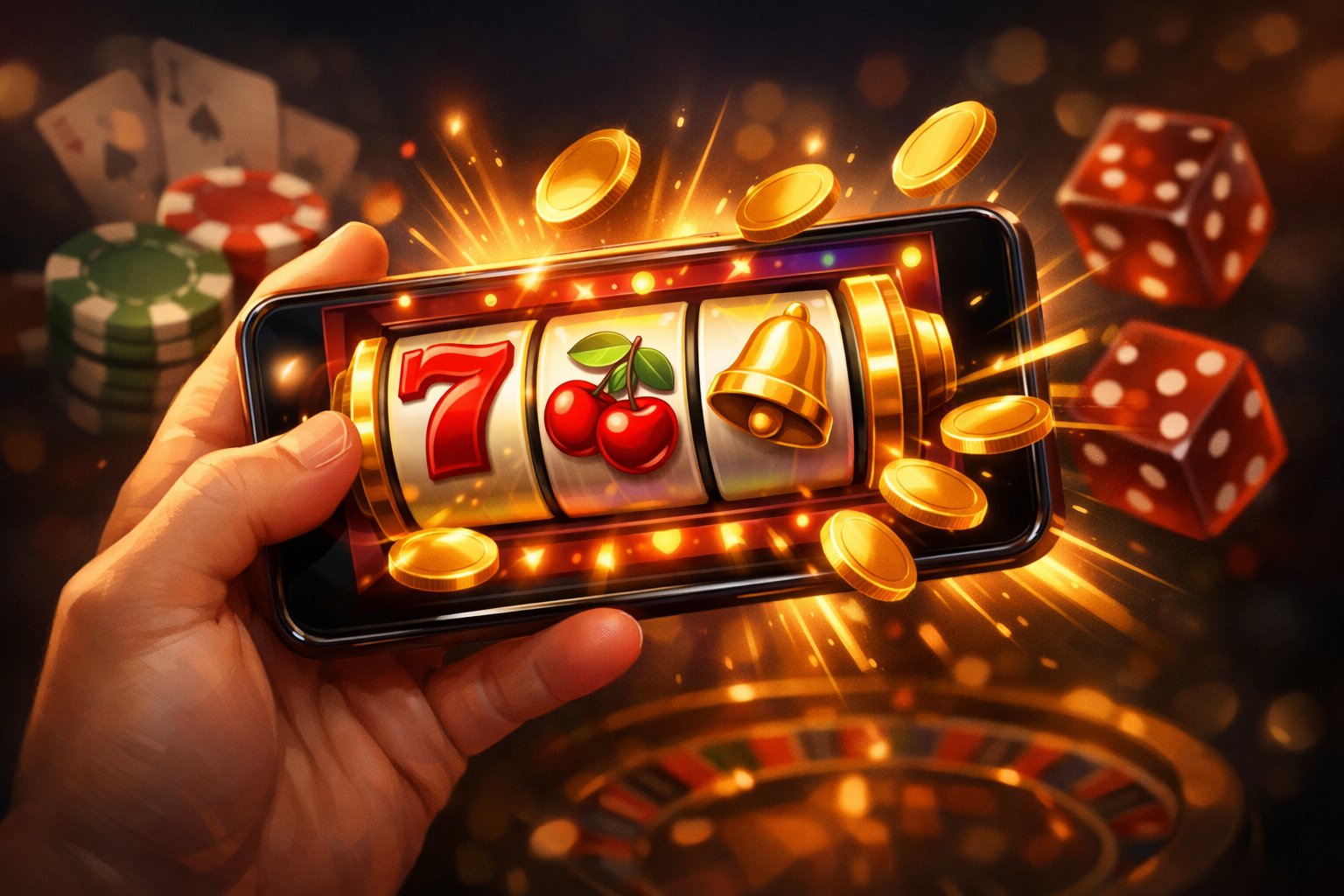 A Hand Holding A Smartphone Showing A Colorful Slot Machine Game With Spinning Reels And Lucky Symbols.