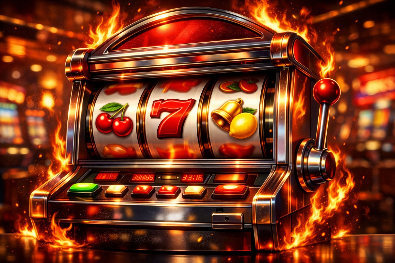 A Slot Machine With Spinning Reels Showing Fruit And Number Symbols Surrounded By Glowing Flames In A Casino Setting.