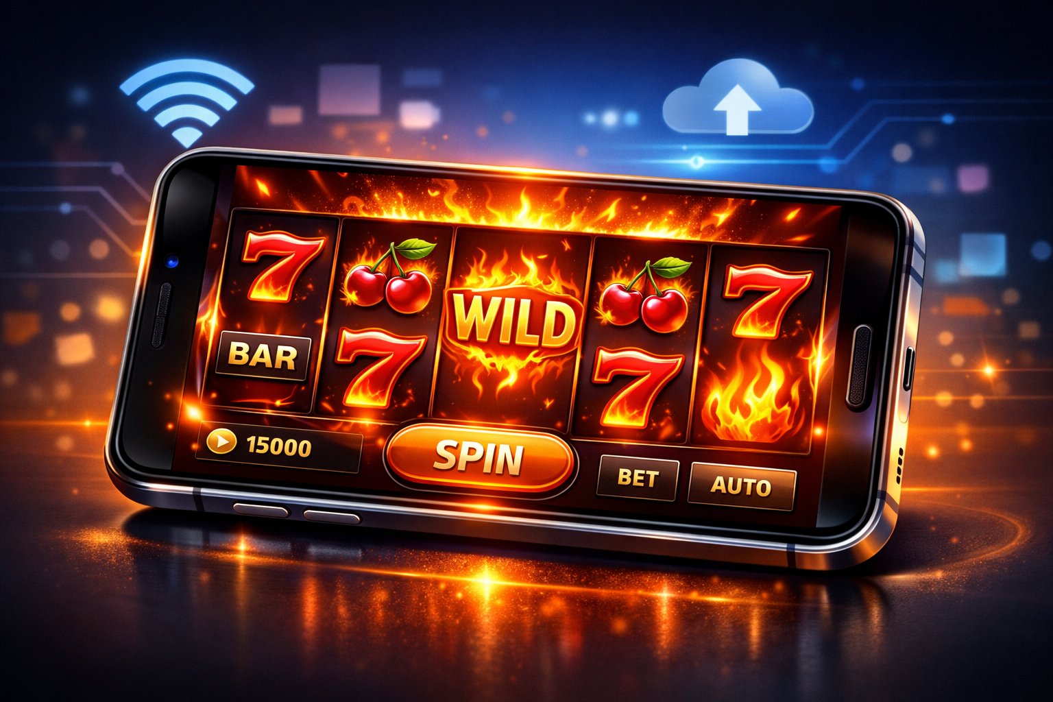 A Smartphone Showing A Colorful Slot Machine Game With Fiery Symbols, Highlighting Mobile Gaming.