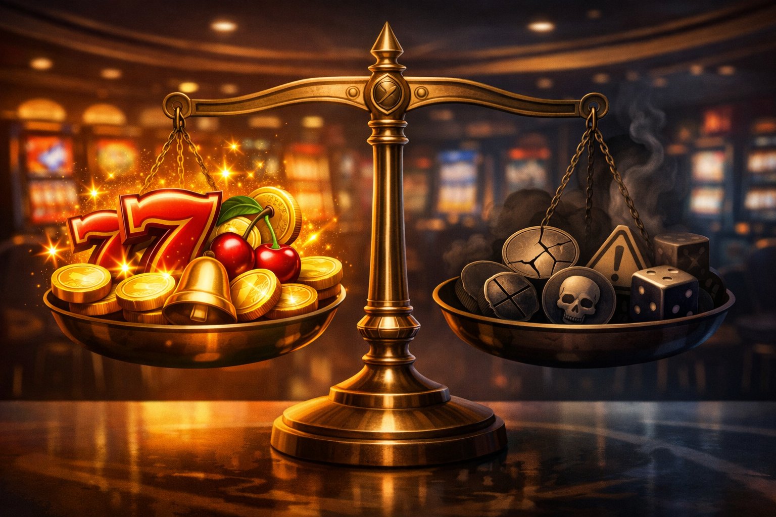 A Balanced Scale Showing Positive Slot Machine Symbols On One Side And Cautionary Symbols On The Other, Set Against A Casino Background.
