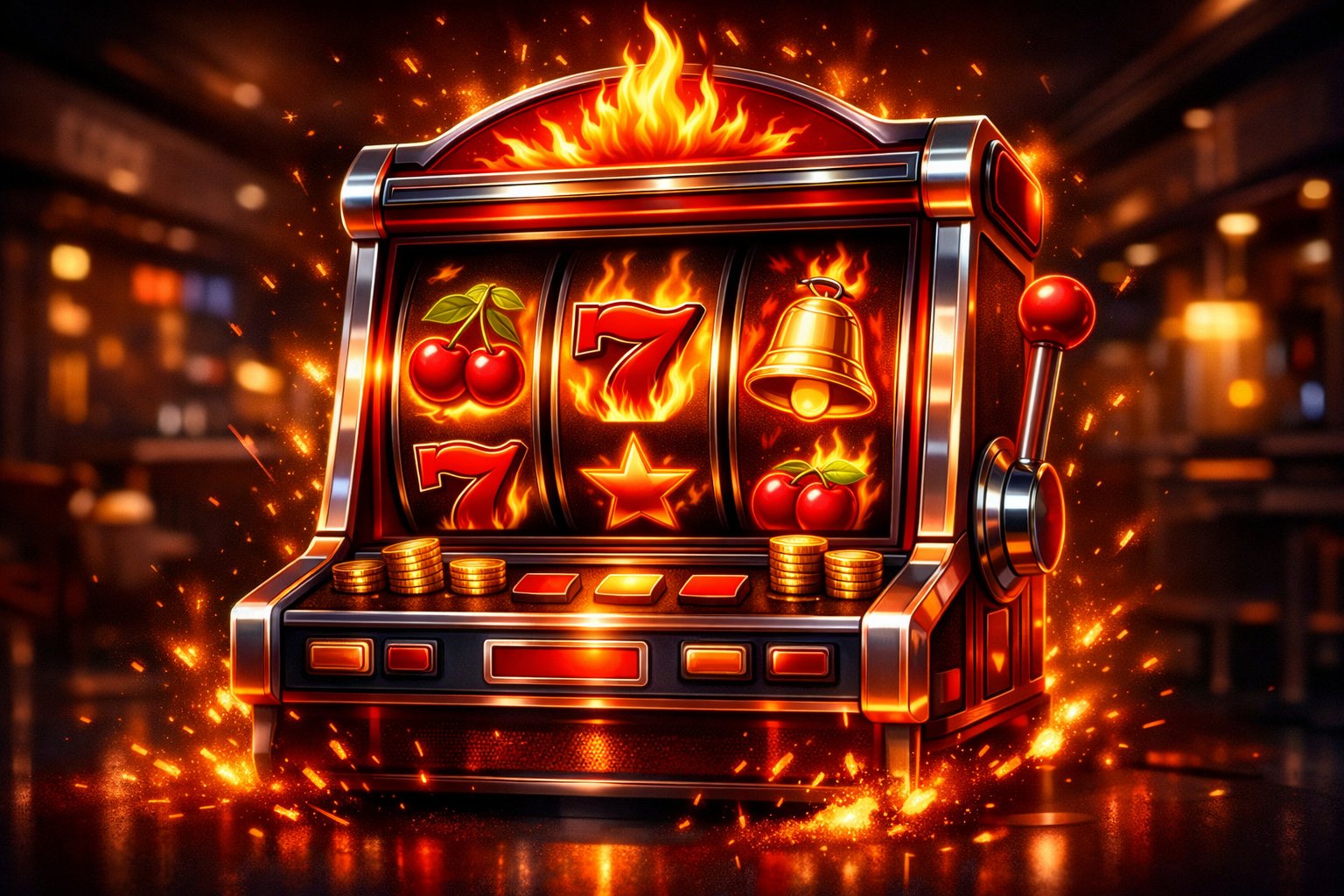 A Brightly Lit Slot Machine With Glowing Reels Showing Classic Symbols Like Cherries, Sevens, And Flames In A Casino Setting.