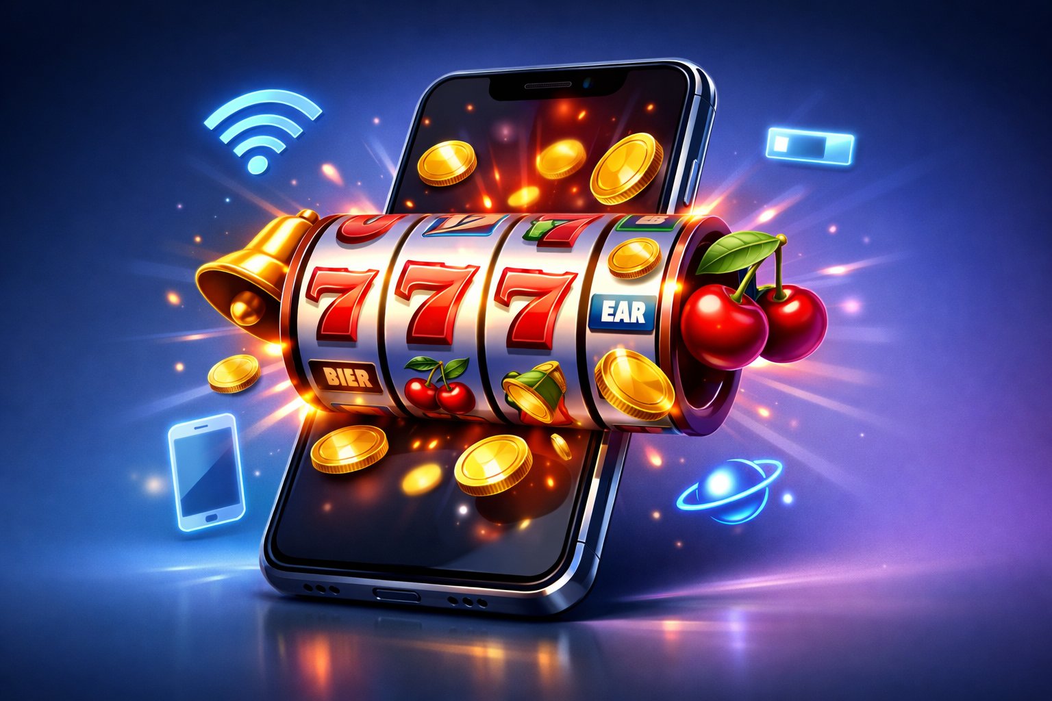 A Smartphone Showing A Colorful Slot Machine Game With Spinning Reels And Classic Symbols, Surrounded By Wireless Connectivity Icons.