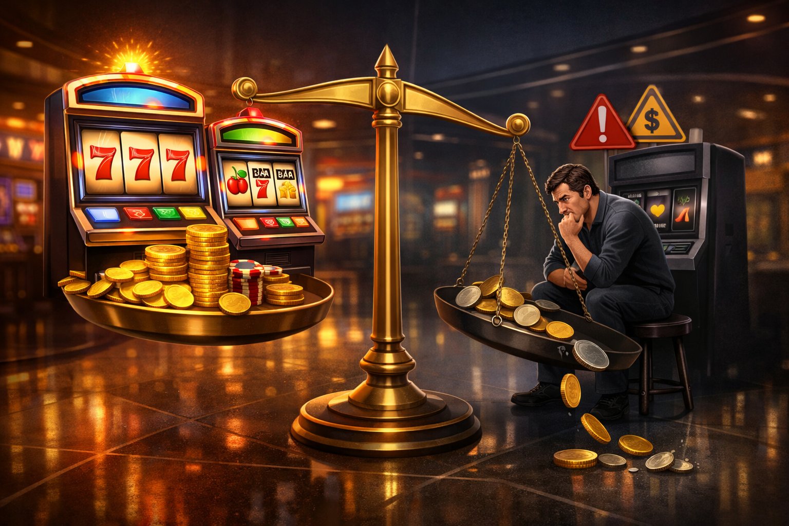 An Illustration Showing A Slot Machine On One Side With Bright Winning Symbols And A Cautious Player On The Other Side With Warning Signs, Representing Pros And Cons.