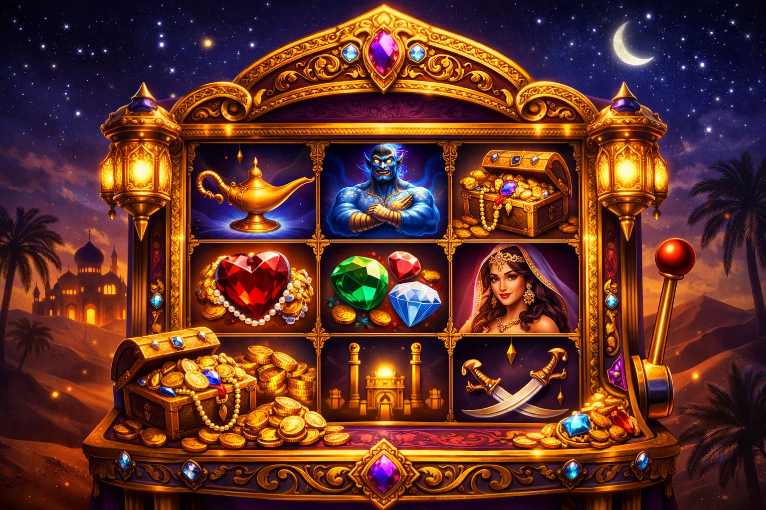A Detailed Slot Machine Decorated With Middle Eastern Patterns And Symbols Like A Magic Lamp, Genie, Treasure Chest, And Palace, Set Against A Starry Desert Night Background.