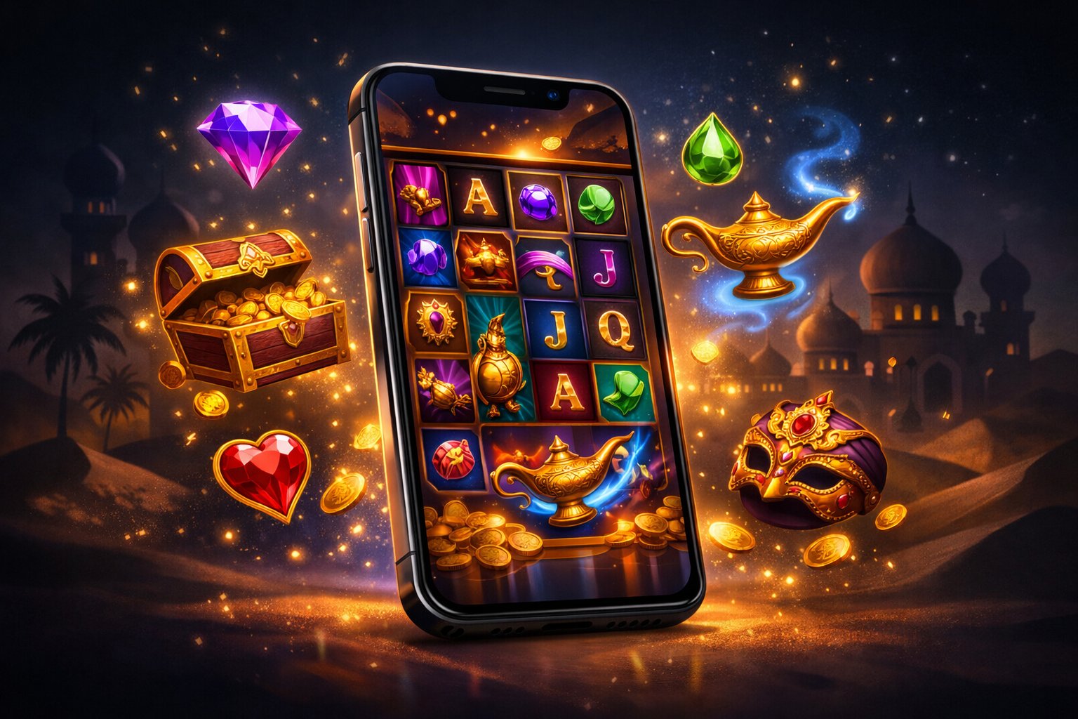 A Smartphone Displaying A Colorful Slot Machine Game With Treasure And Mystical Symbols, Set Against A Background Of Desert And Middle Eastern Architectural Elements.