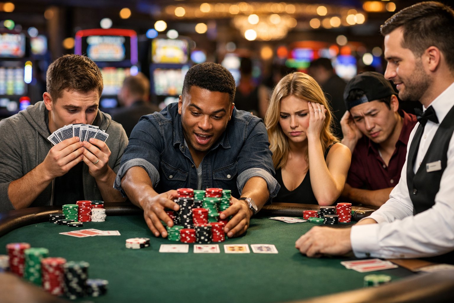 A group of young adults at a casino poker table showing confusion and frustration as they play.