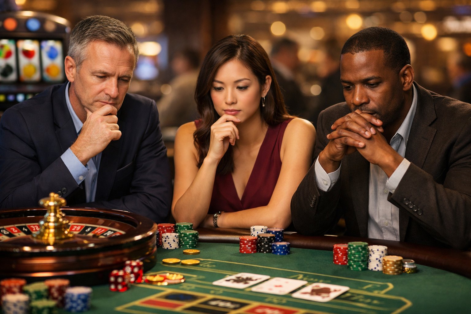 Three adults sitting around a casino table with poker chips, cards, and a roulette wheel, thoughtfully choosing casino games.