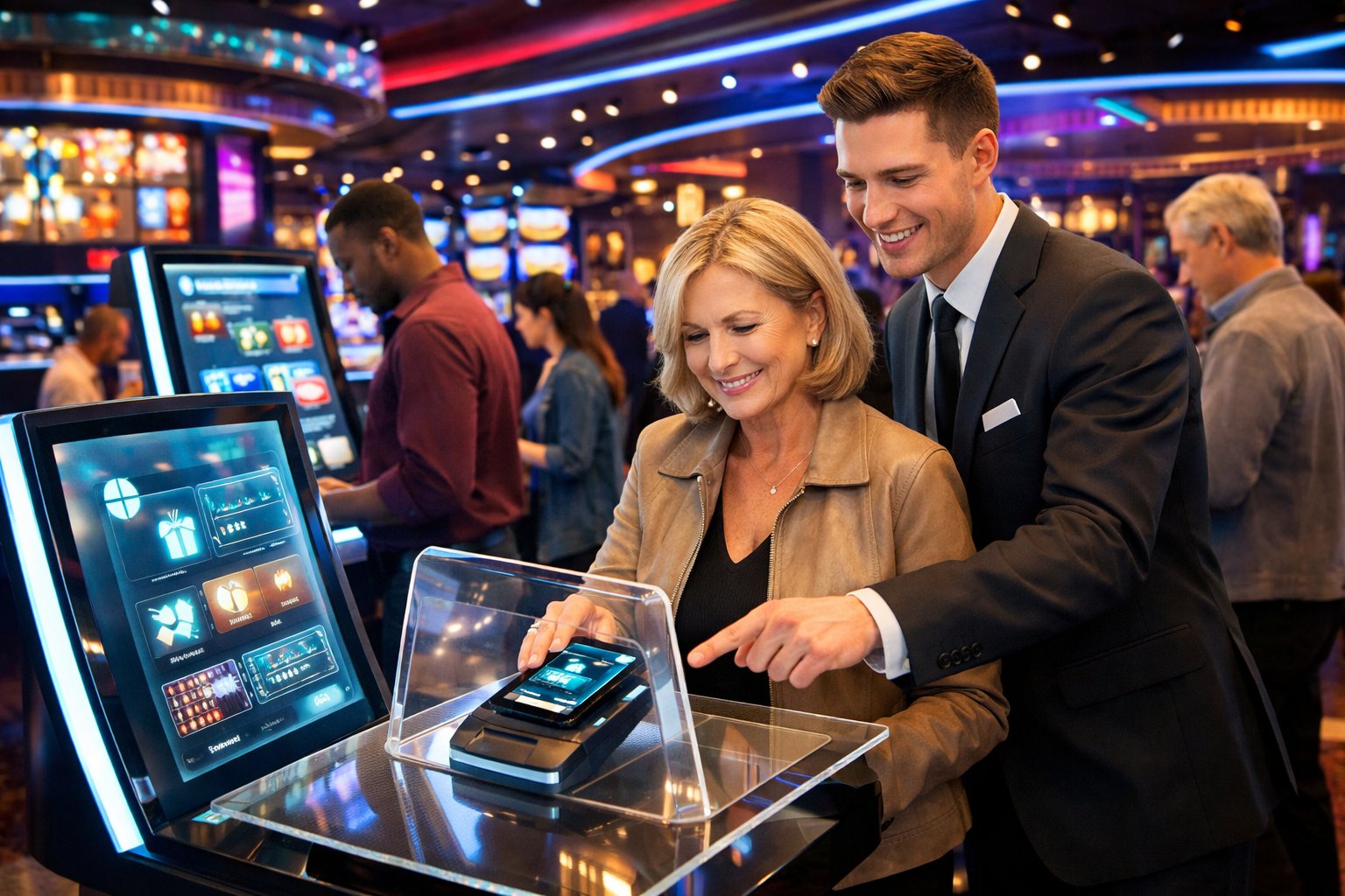 People interacting with digital kiosks and a casino employee helping a woman scan a loyalty card in a modern casino with slot machines and gaming tables in the background.