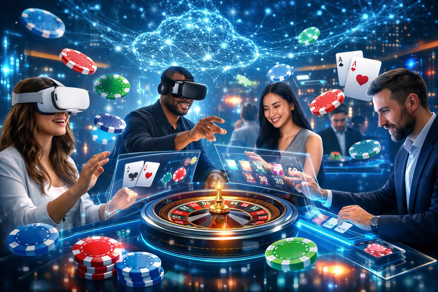 People using futuristic digital interfaces and virtual reality headsets to play online casino games with holographic cards and chips floating around.