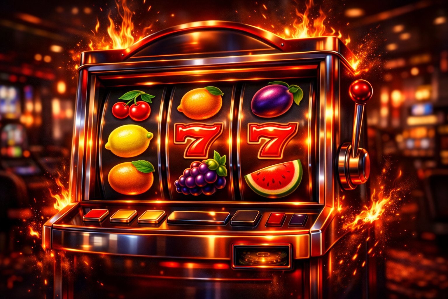A Brightly Lit Casino Slot Machine With Fruit Symbols And Flames Around It, Set In A Dark Casino Environment.