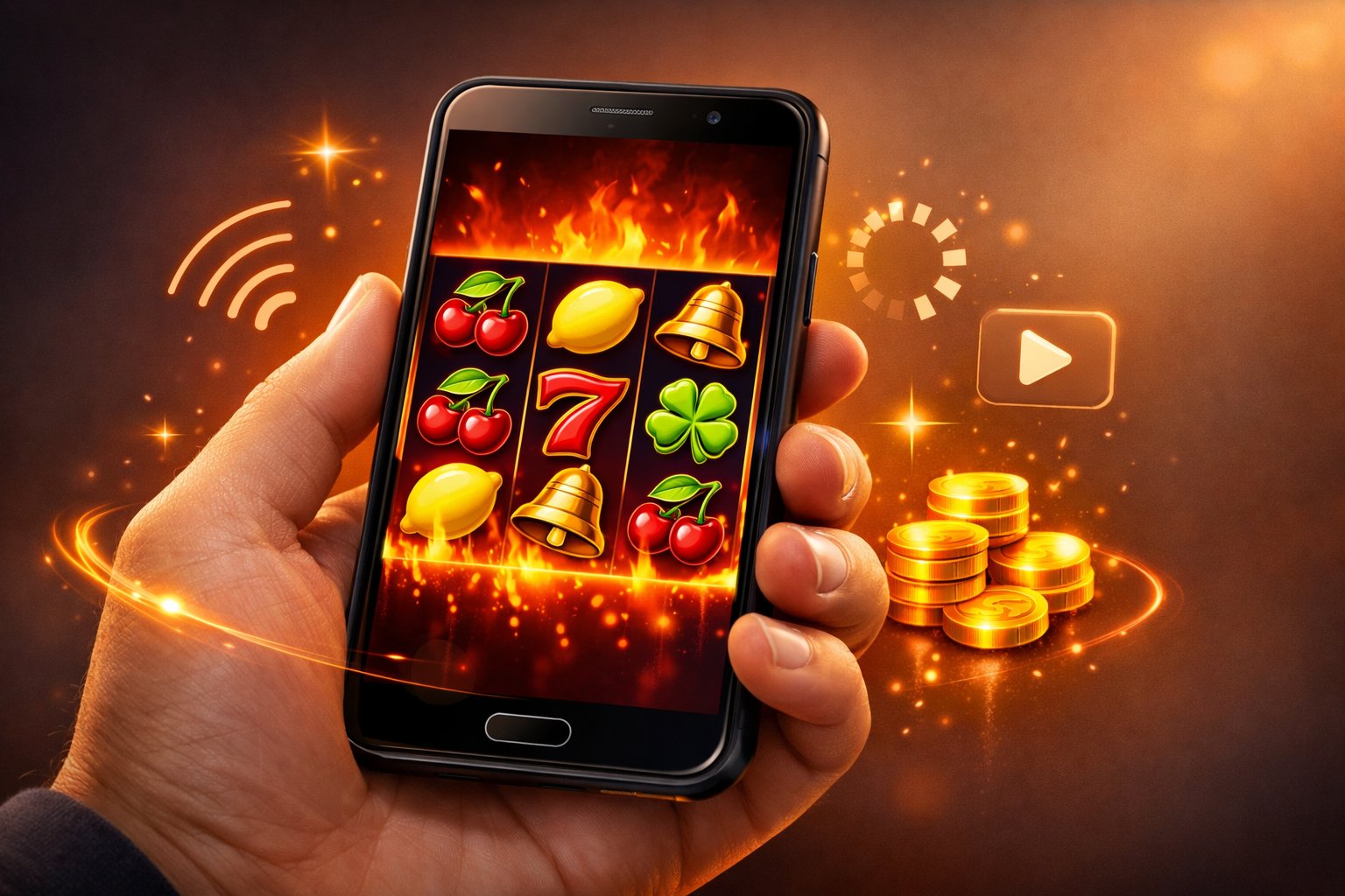 A Hand Holding A Smartphone Showing Colorful Slot Machine Reels With Fruit Symbols And Glowing Effects, Representing Mobile Slot Gaming.