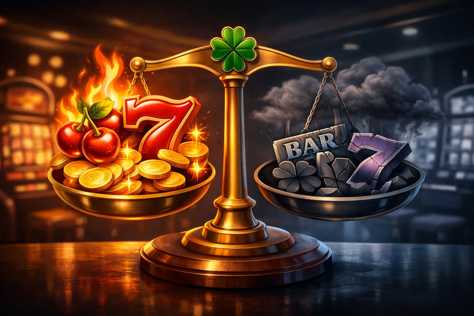 A Balanced Scale With Glowing Slot Machine Symbols And Coins On One Side And Dark Clouds With Cracked Symbols On The Other, Set Against A Casino Background.